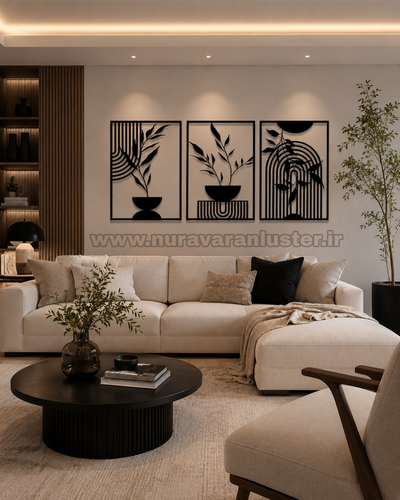 تابلو دکوراتیو فلزی سه تکه مدرن با طرح گیاه و اشکال هندسی مینیمال